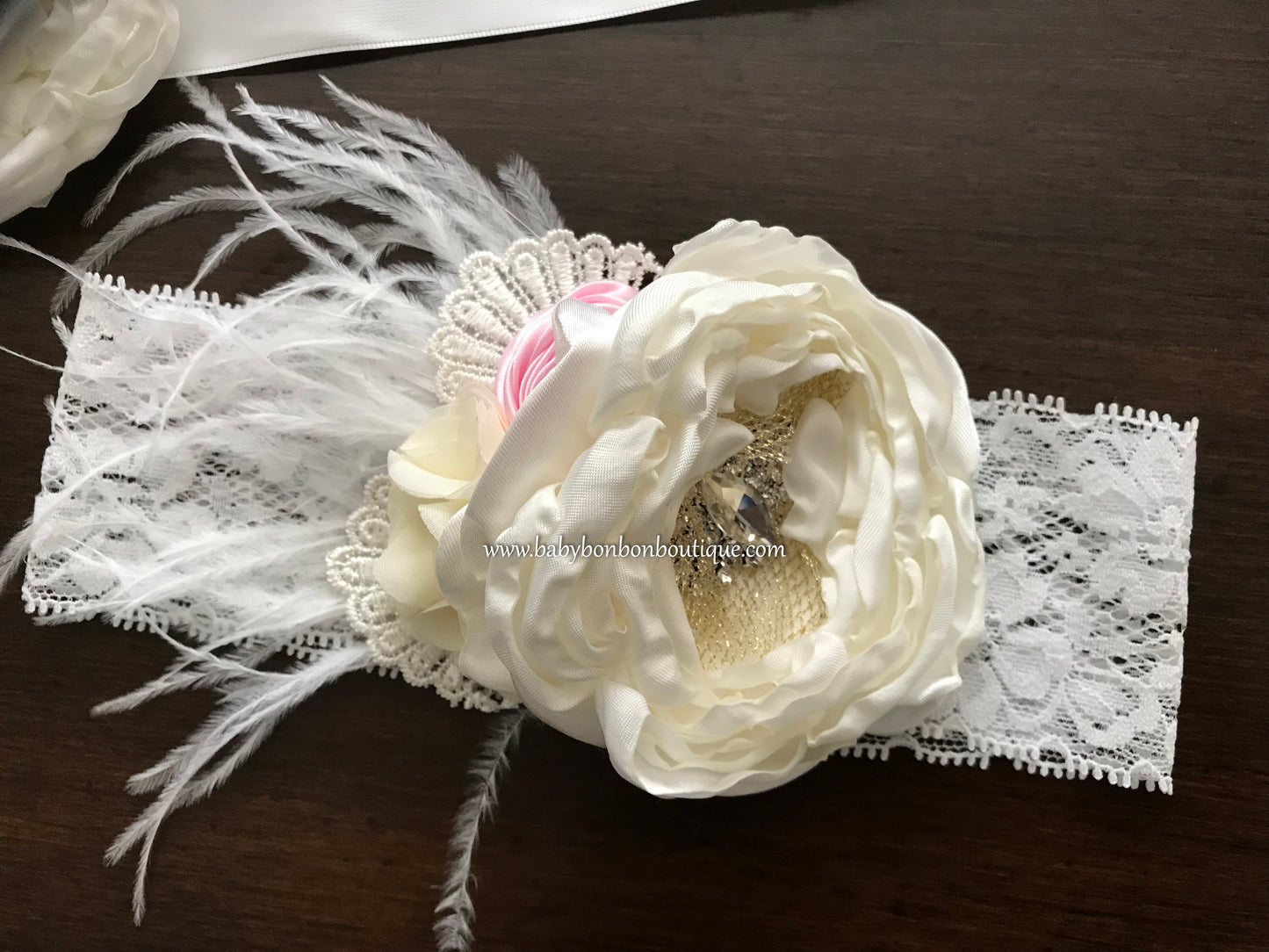 Ivory & Baby Pink Baptism Headband and Sash