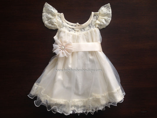 Creme Brulee Butterfly Baptism Dress with Flower Sash