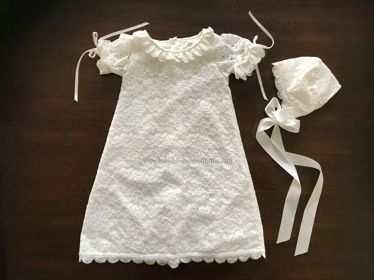 French White Lace Christening Dress and Bonnet, Belle Baptism Dress