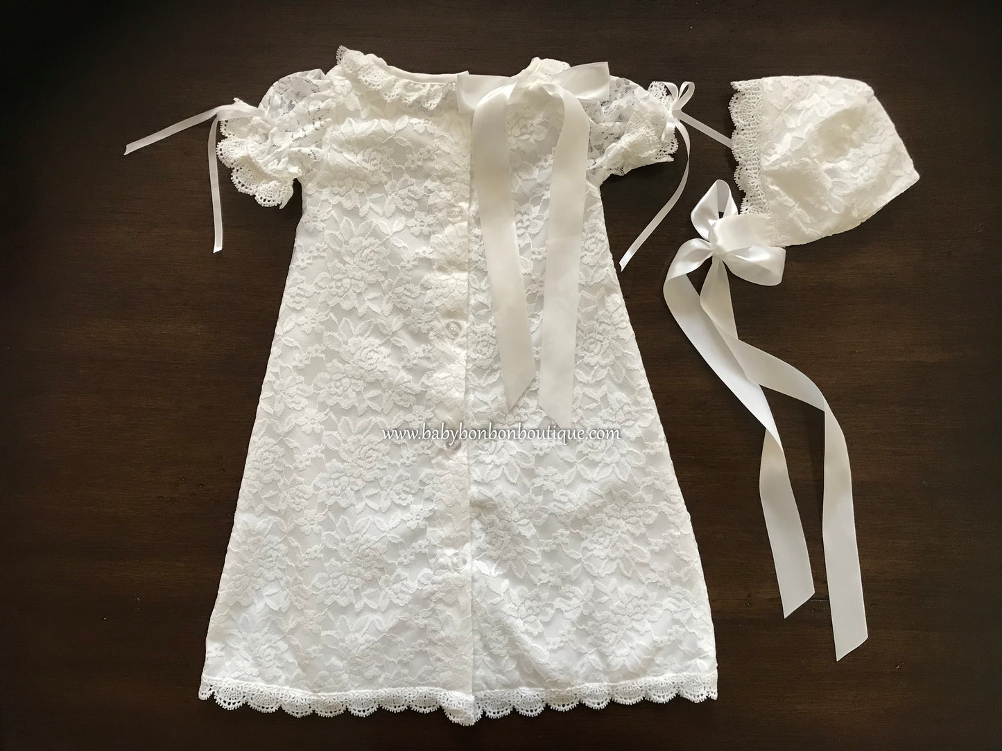 French White Lace Christening Dress and Bonnet, Belle Baptism Dress