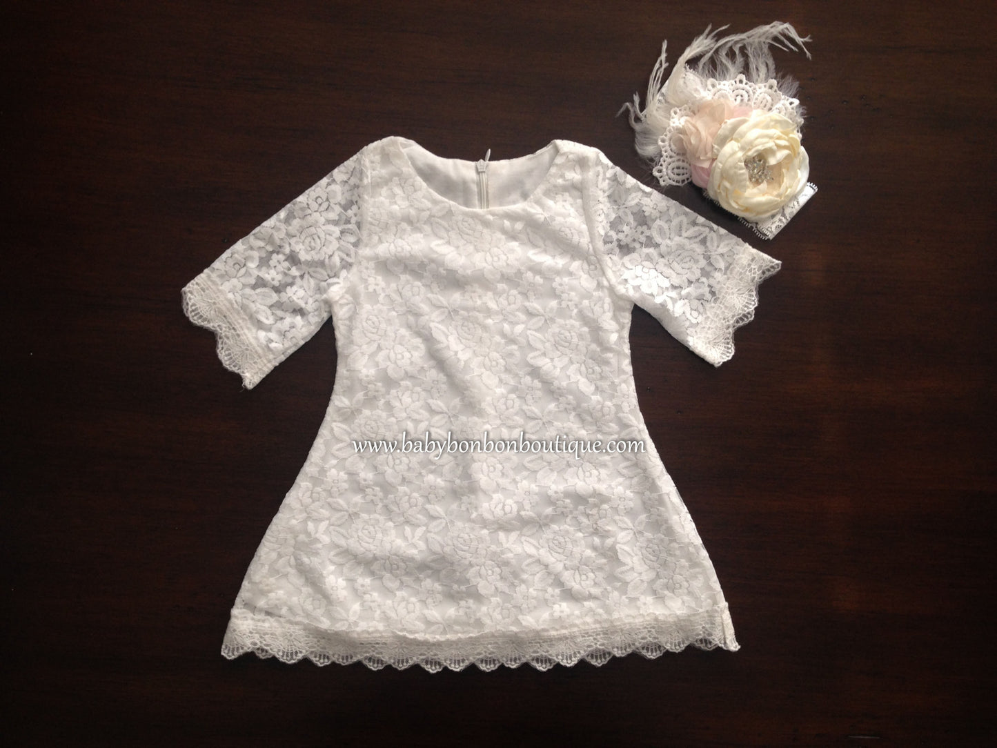 French White Bell Lace Dress with Ivory Headband