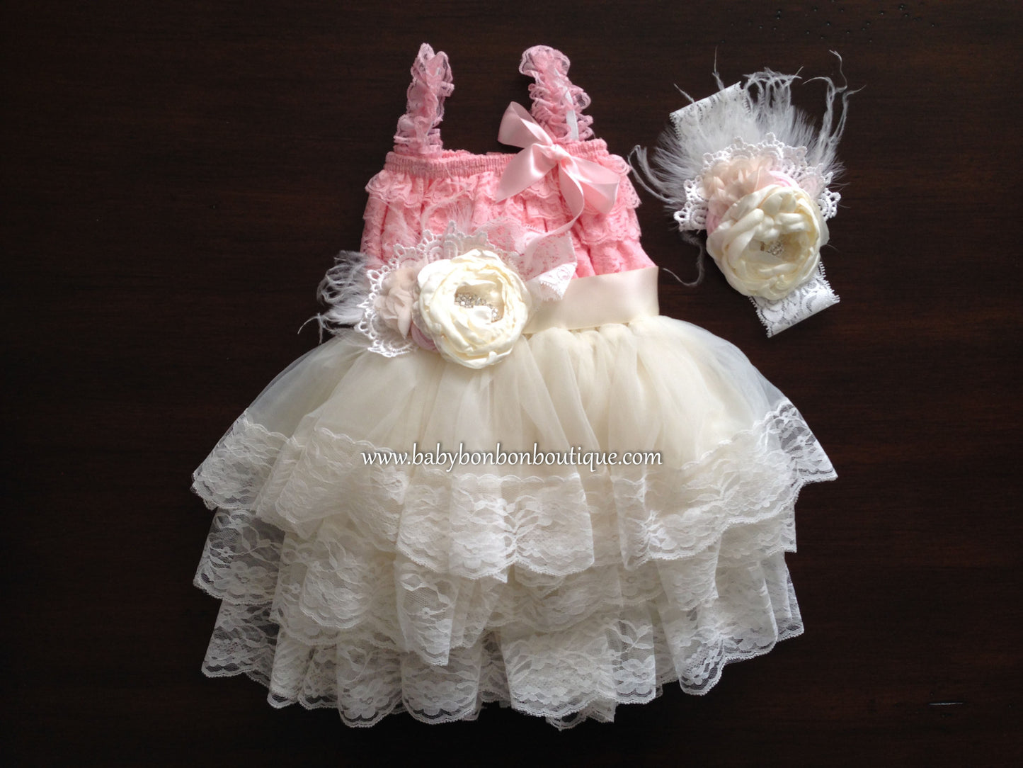 Pink Lace Romper and Ivory Fluffy Lace Skirt with Headband & Sash