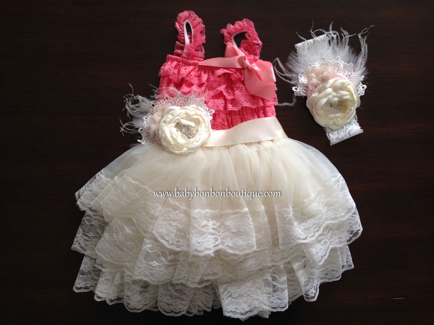 Lace Romper and Fluffy Lace Skirt with Headband & Sash