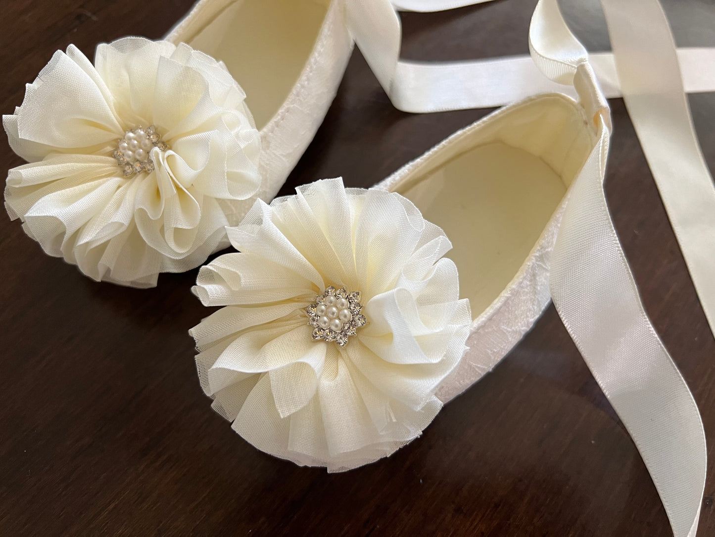 Lace Baptism Crib Shoes, Ivory Flowers & Rhinestones