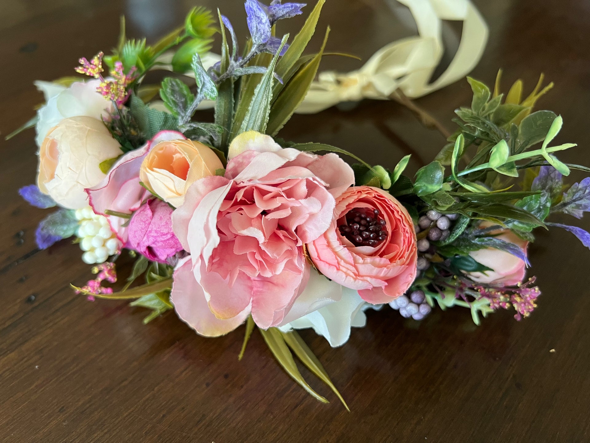 Floral flower crown wreath blush pink ivory buttercream Flower Girl Creamy Pastels Head Wreath, Toddler Flower Crown  main image 4