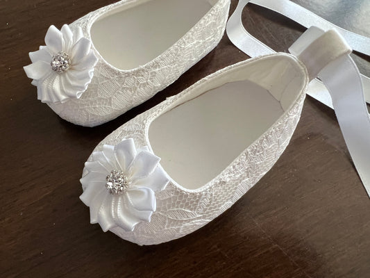 White Baptism Shoes with Flowers and Rhinestones